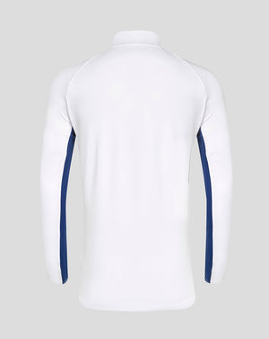 Back view of white Rangers training top with blue side panels along the sleeves