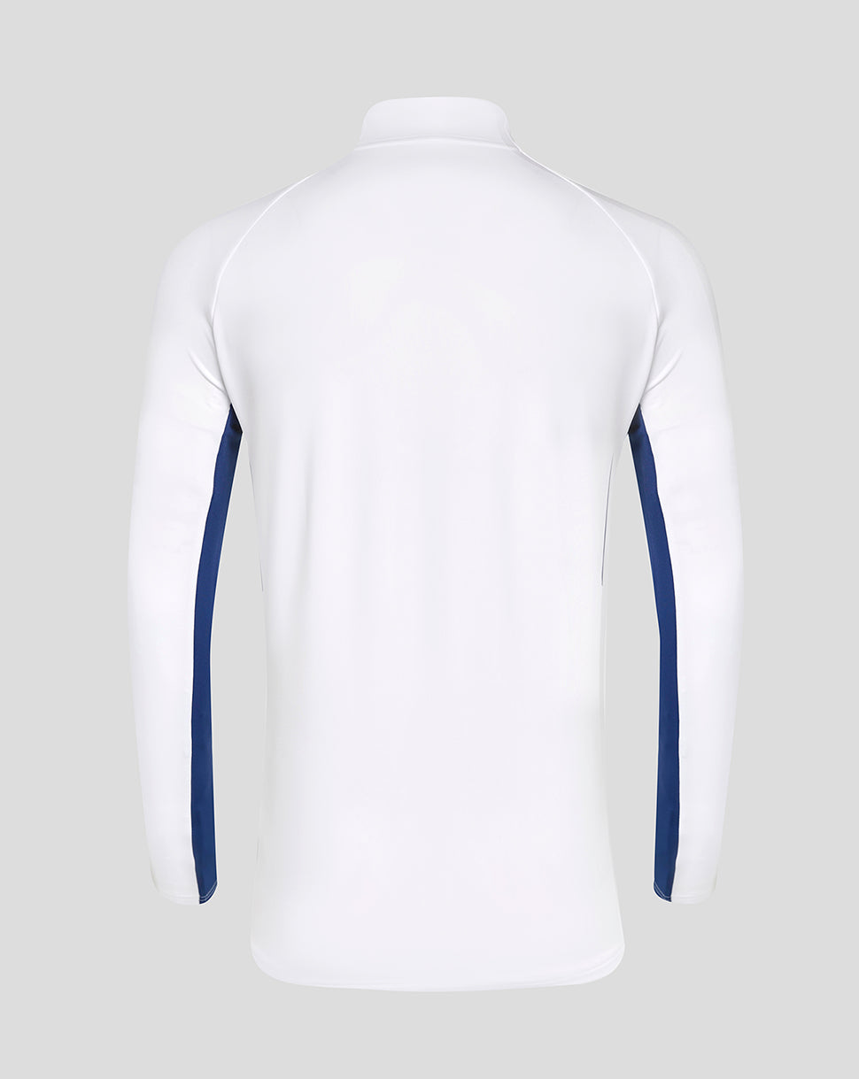 Back view of white Rangers training top with navy blue side panels along the sleeves