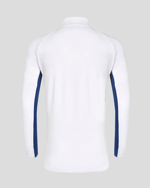 Back view of white Rangers training top with navy blue side panels along the sleeves
