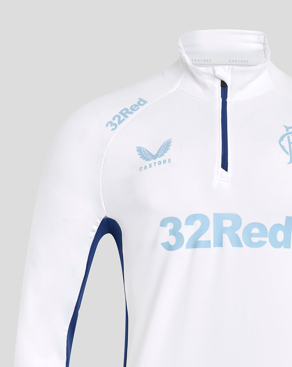 Close up of chest on white Rangers top showing the light blue 32Red logo and crest with blue zipper