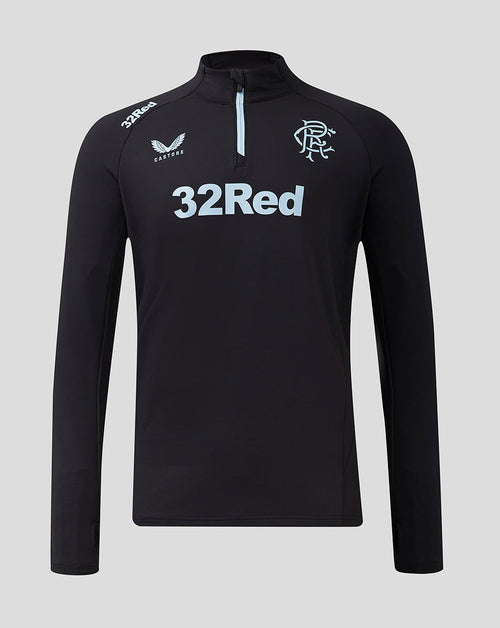 Front view of black Rangers Pro Coaches quarter zip top with light blue 32Red logo across chest and club crest on left chest.