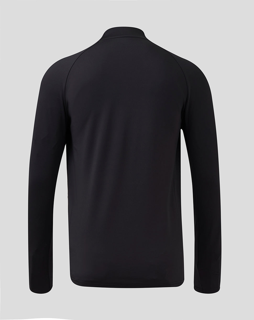 Back view of a black Rangers Pro Coaches training top with long sleeves and a rounded hem