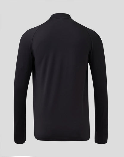 Back view of a black Rangers Pro Coaches training top with long sleeves and a rounded hem