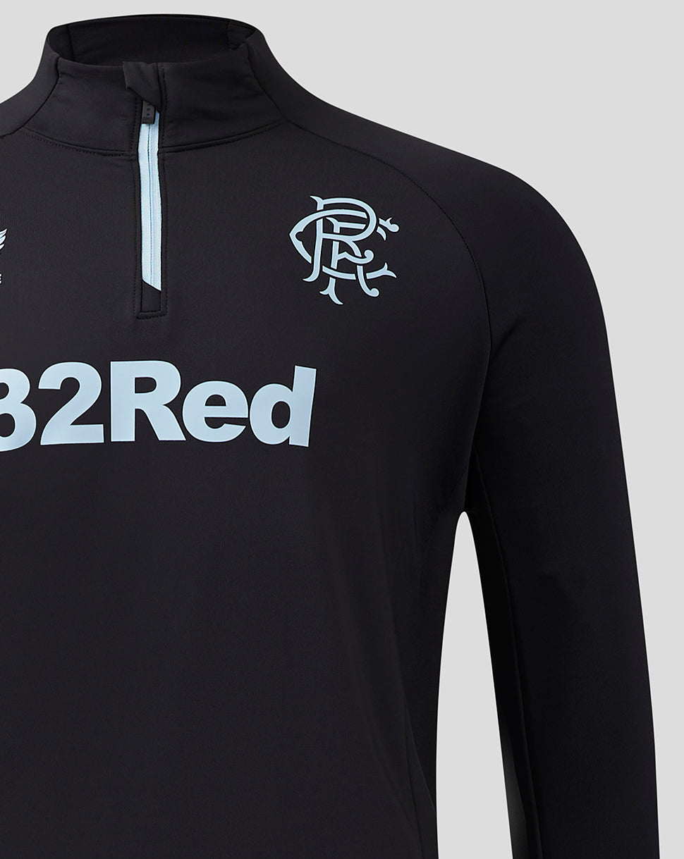 Close up of black Rangers top highlighting funnel neck zip and left chest crest with light blue 32Red branding.