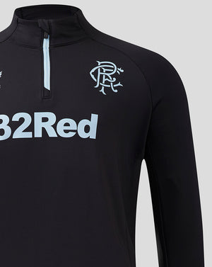 Close up of black Rangers top highlighting funnel neck zip and left chest crest with light blue 32Red branding.