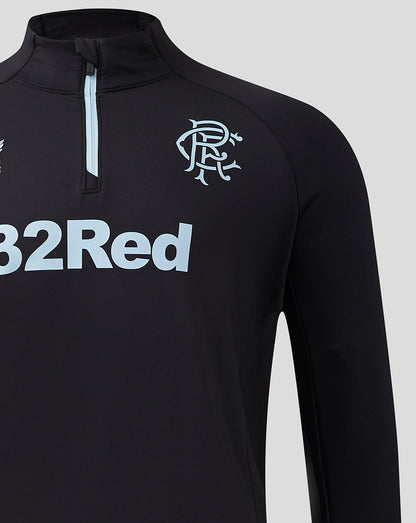 Close up of black Rangers top highlighting funnel neck zip and left chest crest with light blue 32Red branding.