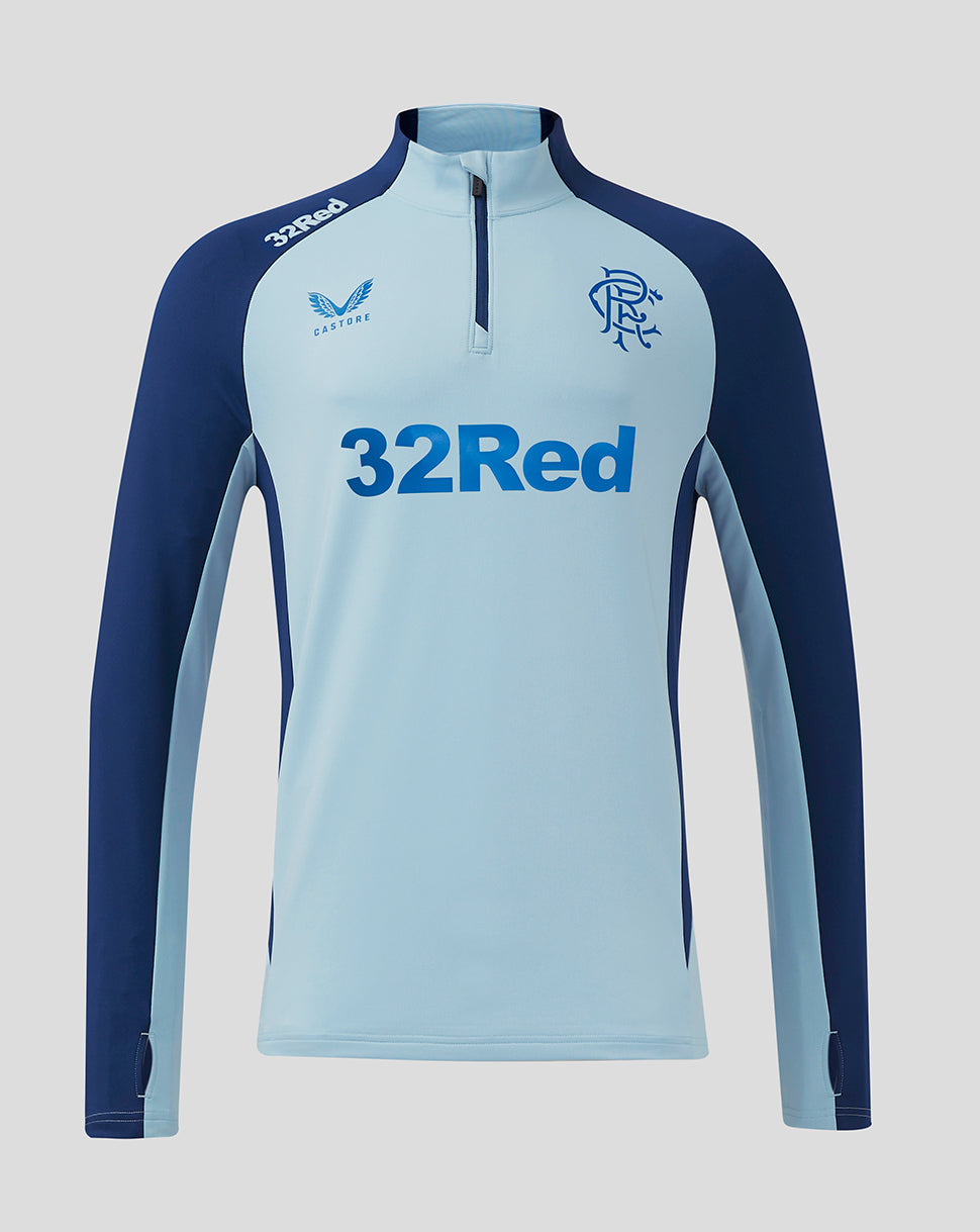 Front view of light blue Rangers Pro Players training top with navy sleeves funnel neck quarter zip and 32Red sponsor across chest
