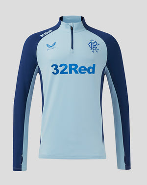 Front view of light blue Rangers Pro Players training top with navy sleeves funnel neck quarter zip and 32Red sponsor across chest