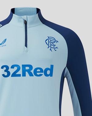 Rangers Pro Players quarter zip training top in light blue with navy sleeves, displaying club crest and 32Red sponsor