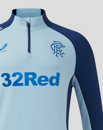 Rangers Pro Players quarter zip training top in light blue with navy sleeves, displaying club crest and 32Red sponsor