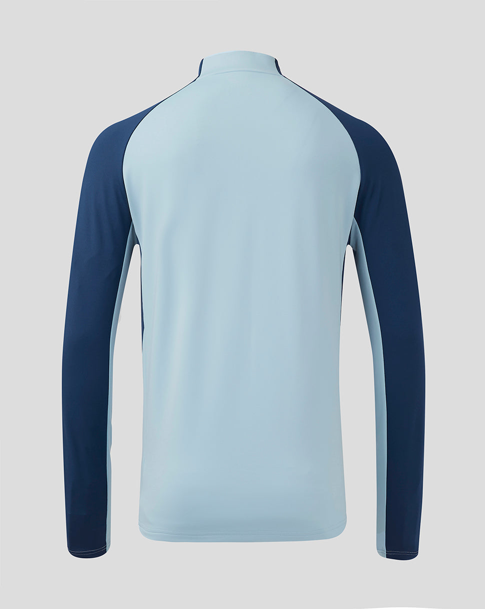 Back view of Rangers Men's 24/25 Pro Players Quarter Zip Training Top with light blue body and navy sleeves