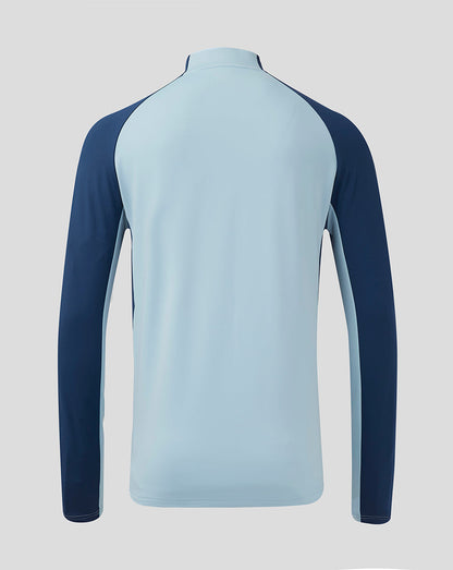 Back view of Rangers Men's 24/25 Pro Players Quarter Zip Training Top with light blue body and navy sleeves