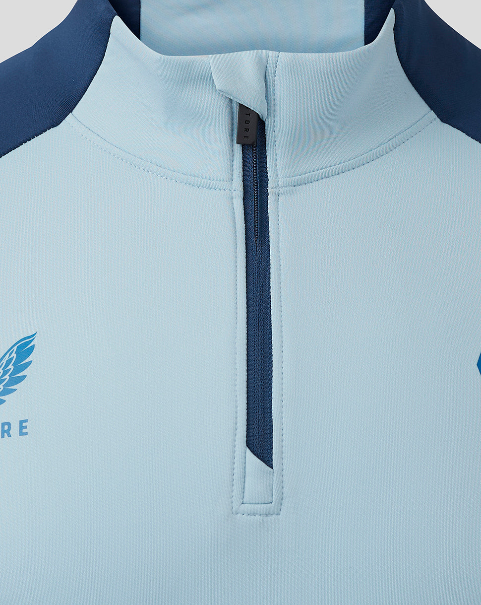 Close up of the upper chest and collar of the Rangers training top with a zip and visible club crest