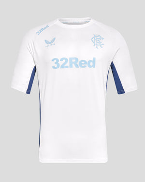 White Rangers training short sleeve tee with light blue branding on chest and blue side panels