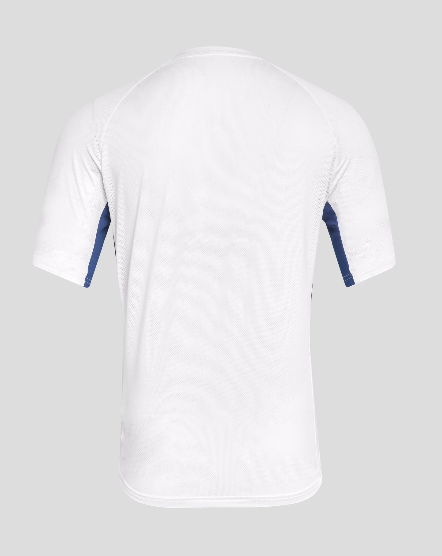 Back view of white Rangers training short sleeve tee with blue side panels and subtle mesh texture