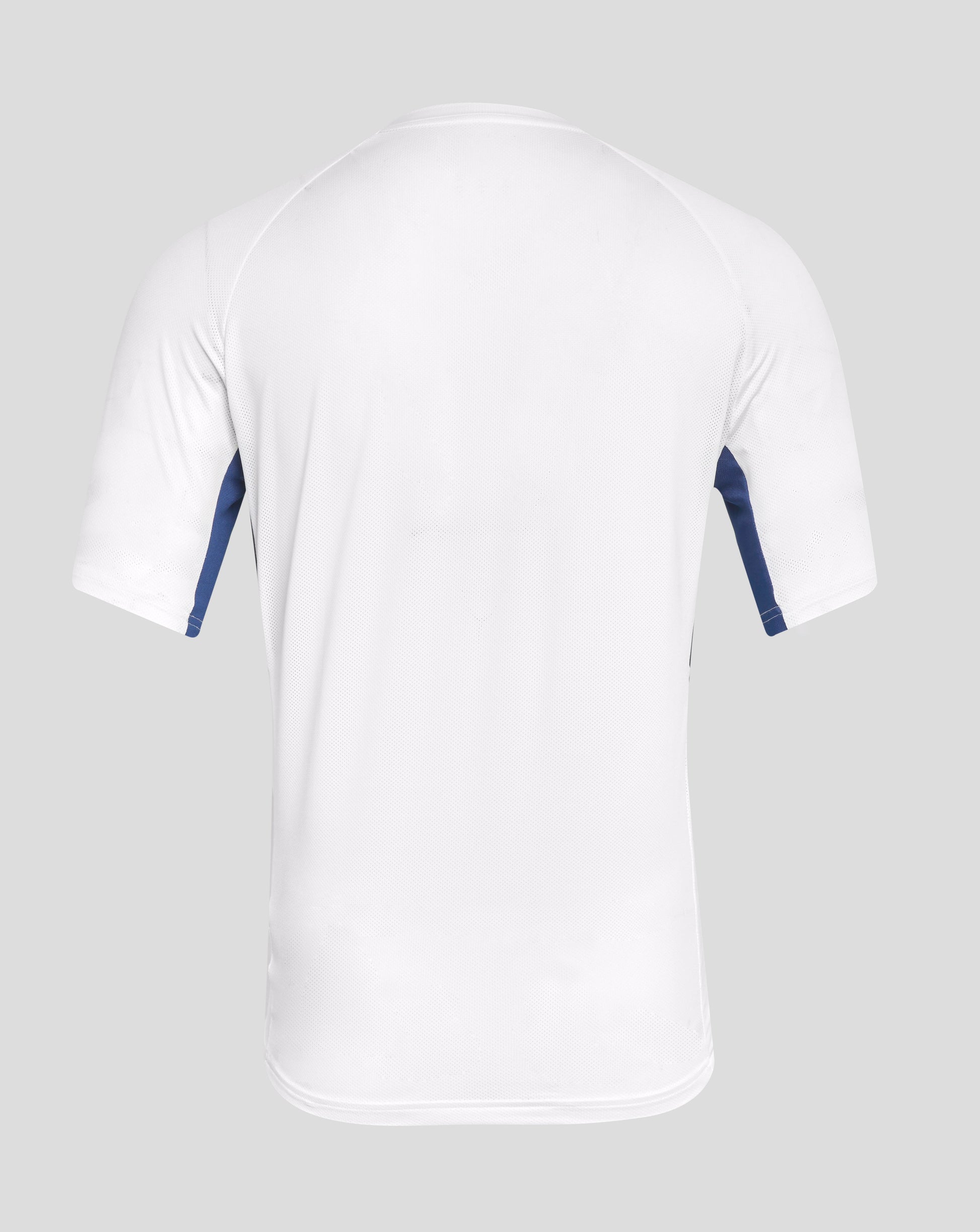 Back view of white Rangers training short sleeve tee with blue side panels and subtle mesh texture