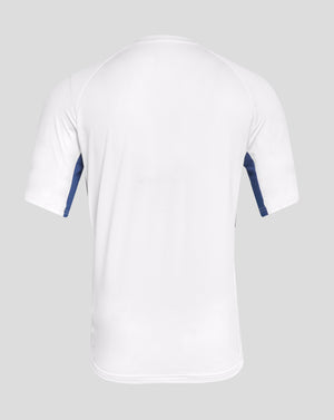 Back view of white Rangers training short sleeve tee with blue side panels and subtle mesh texture