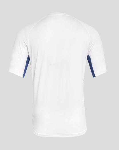 Back view of white Rangers training short sleeve tee with blue side panels and subtle mesh texture