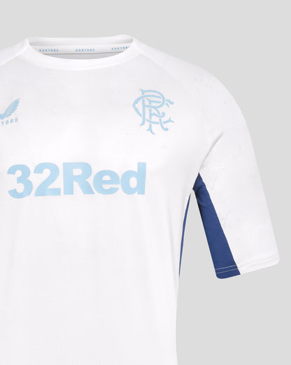Front view of white Rangers training tee with pale blue crest on the chest and 32Red across the front.