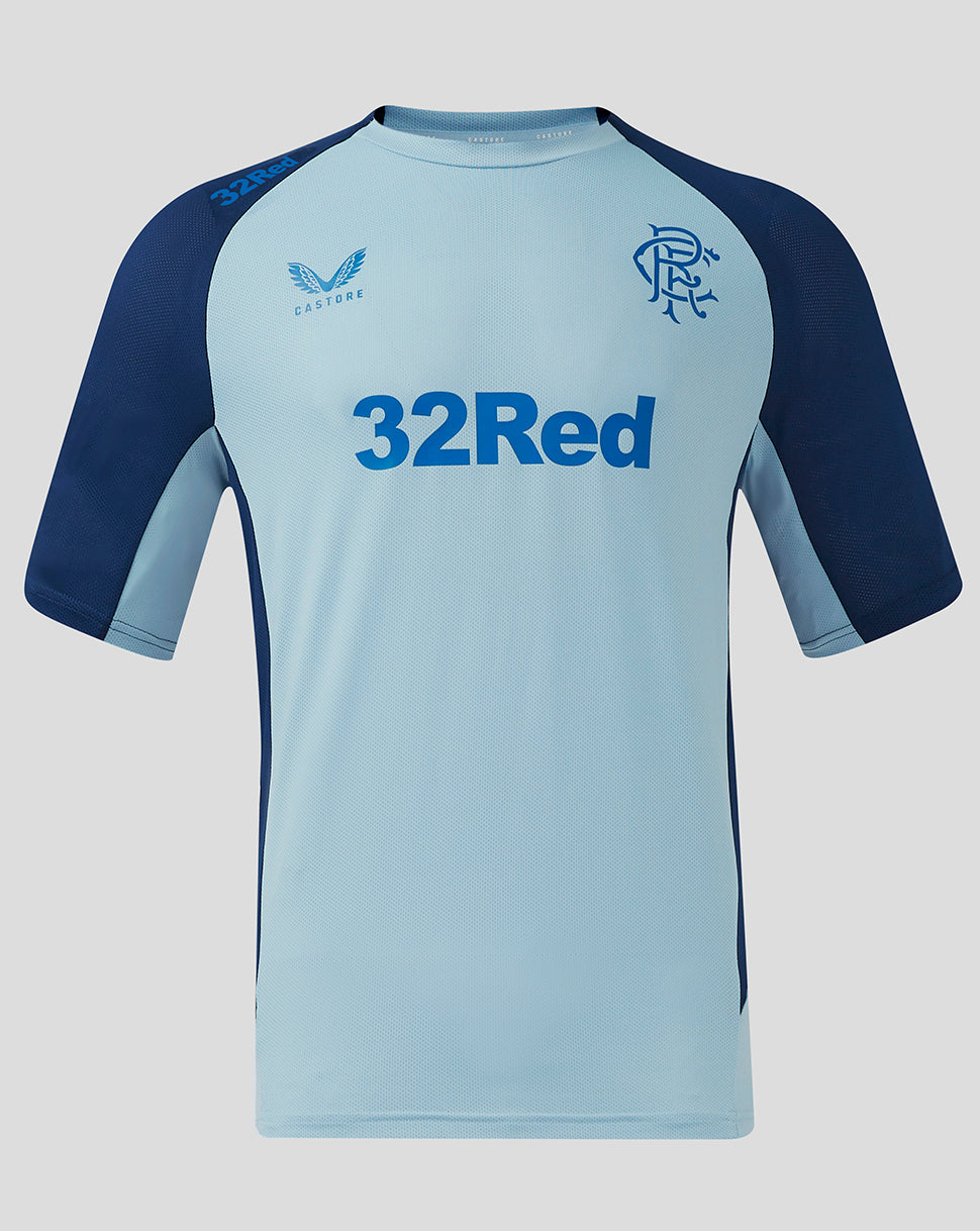 Rangers Pro Players training short sleeve t shirt front view in light blue with navy sleeves and 32Red sponsor across the chest.