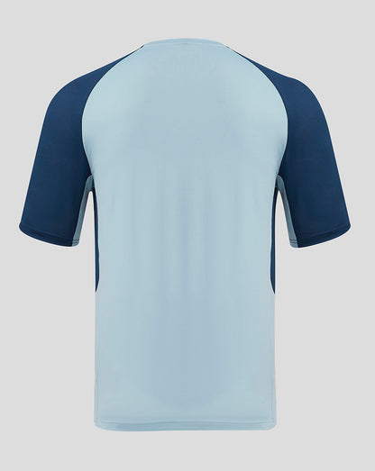 Back view of Rangers training shirt with light blue body and navy sleeves.