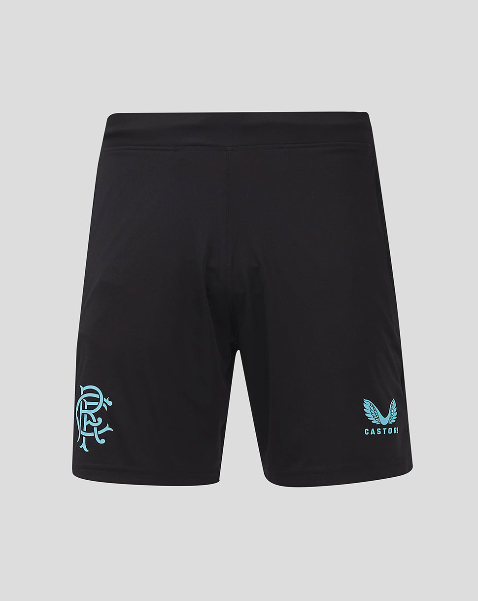 Back view of black Rangers Pro Coaches Training Shorts with a light blue crest on the left thigh and Castore logo on the right.