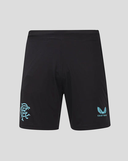 Back view of black Rangers Pro Coaches Training Shorts with a light blue crest on the left thigh and Castore logo on the right.