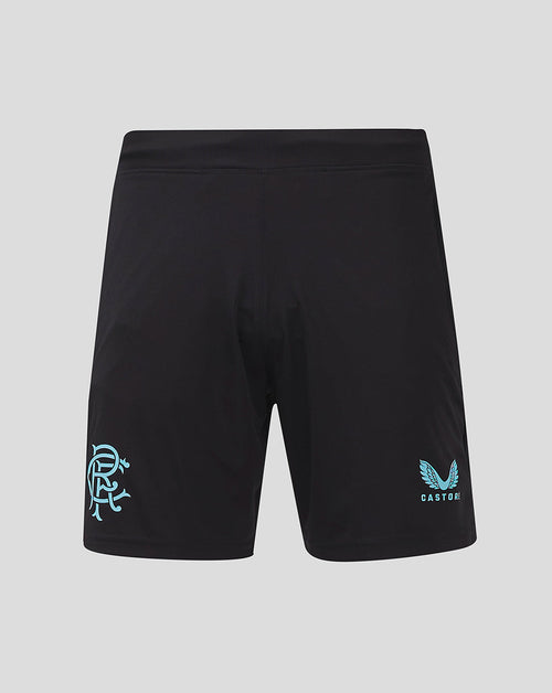 Back view of black Rangers Pro Coaches Training Shorts with a light blue crest on the left thigh and Castore logo on the right.