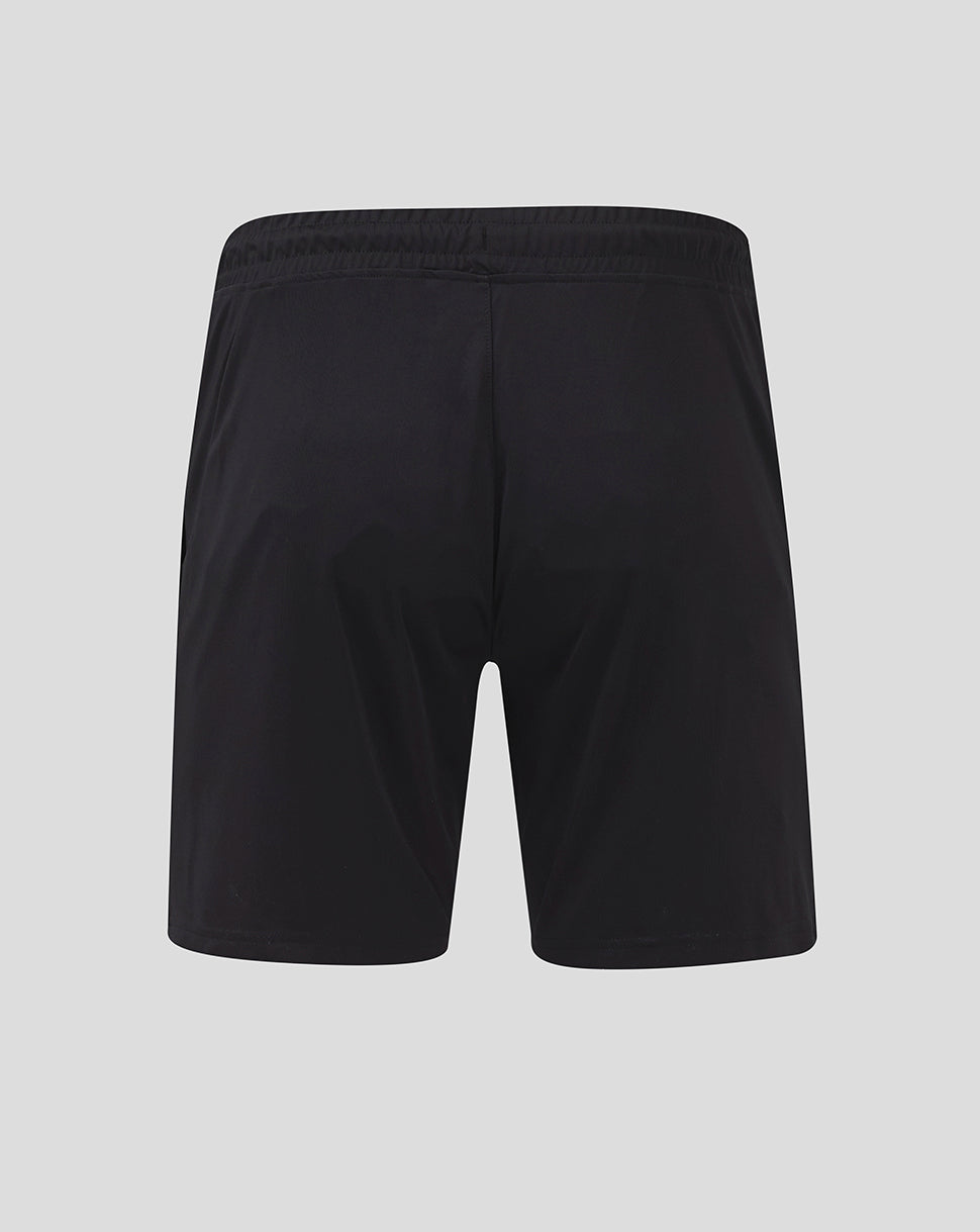 Rear view of black Rangers Pro Coaches Training Shorts with an elasticated waistband.