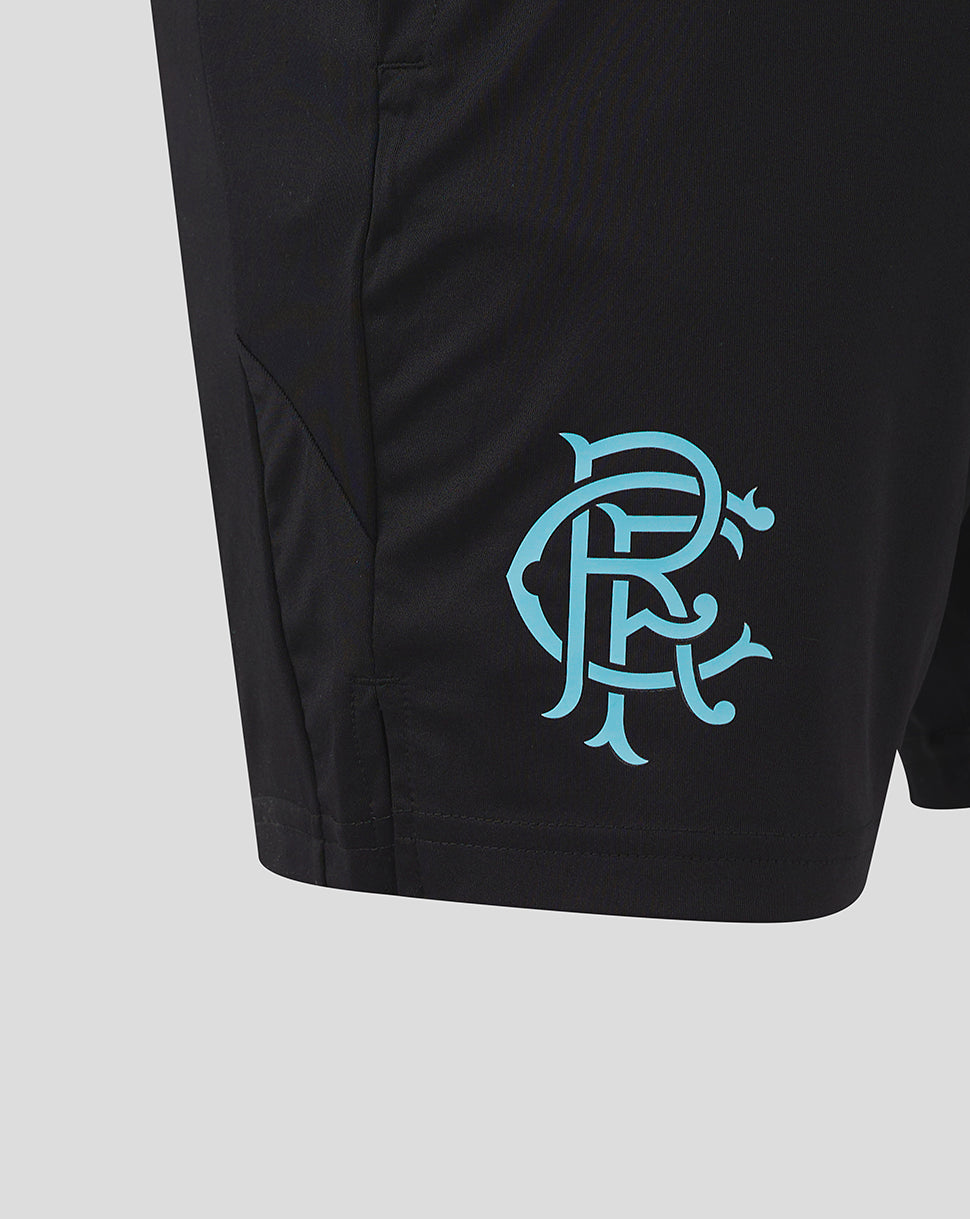 Close-up of black Rangers Pro Coaches Training Shorts showing the light blue crest on the left thigh and Castore logo on the right.