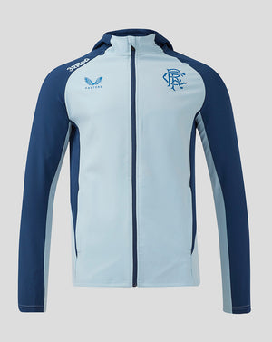 Front view of Rangers Men's 24/25 Pro Players Presentation Hooded Jacket in light blue with navy sleeves and full zip