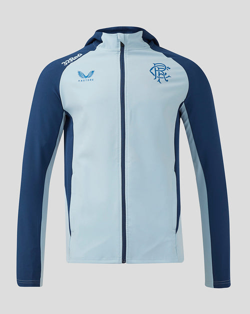 Front view of Rangers Men's 24/25 Pro Players Presentation Hooded Jacket in light blue with navy sleeves and full zip