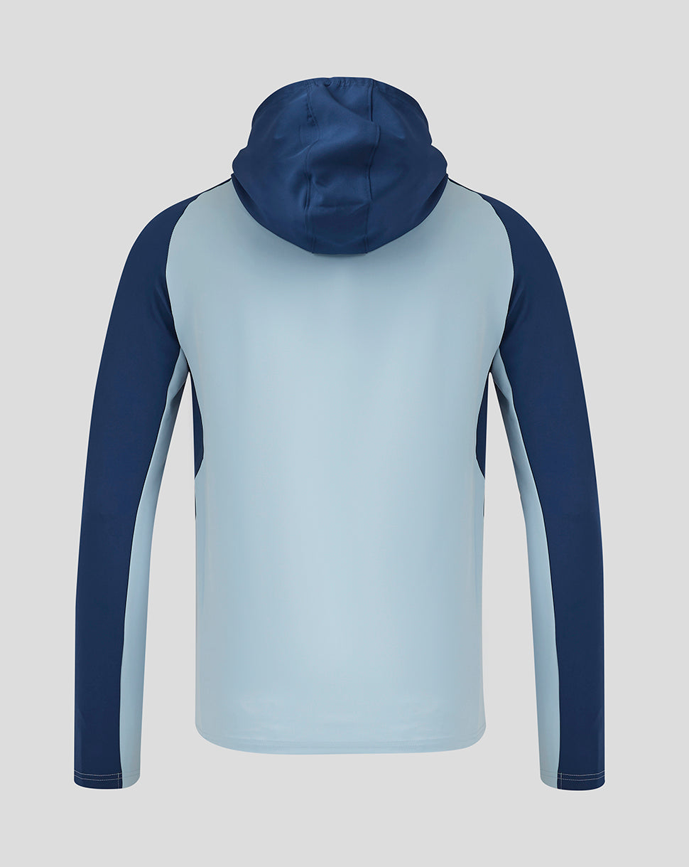 Back view of Rangers Men's 24/25 Pro Players Presentation Hooded Jacket with hood up and color blocked sleeves