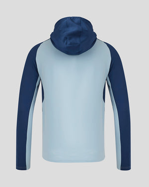 Back view of Rangers Men's 24/25 Pro Players Presentation Hooded Jacket with hood up and color blocked sleeves
