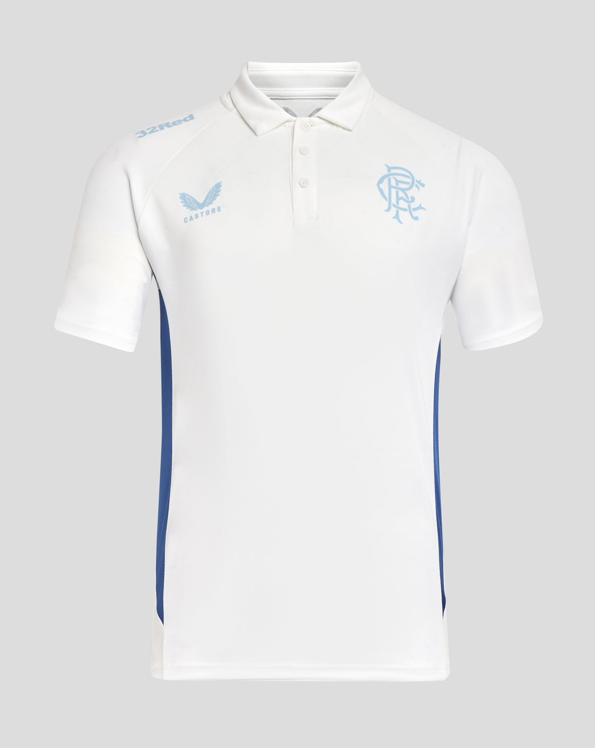 Front view of white Rangers 24/25 polo with light blue 32Red shoulder logo and Castore crest.