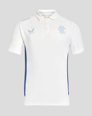 Front view of white Rangers 24/25 polo with light blue 32Red shoulder logo and Castore crest.