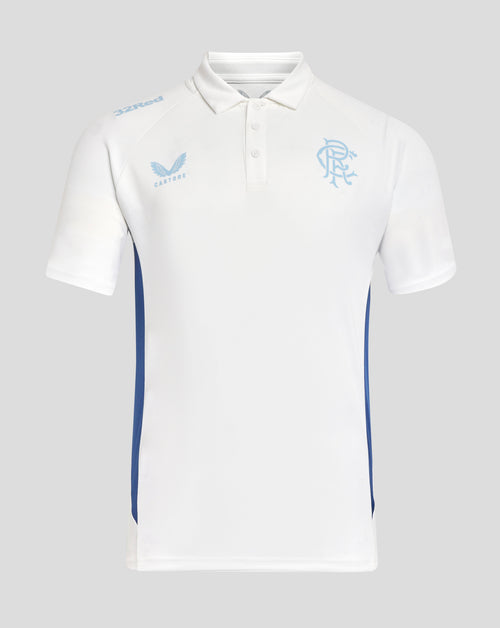 Front view of white Rangers 24/25 polo with light blue 32Red shoulder logo and Castore crest.
