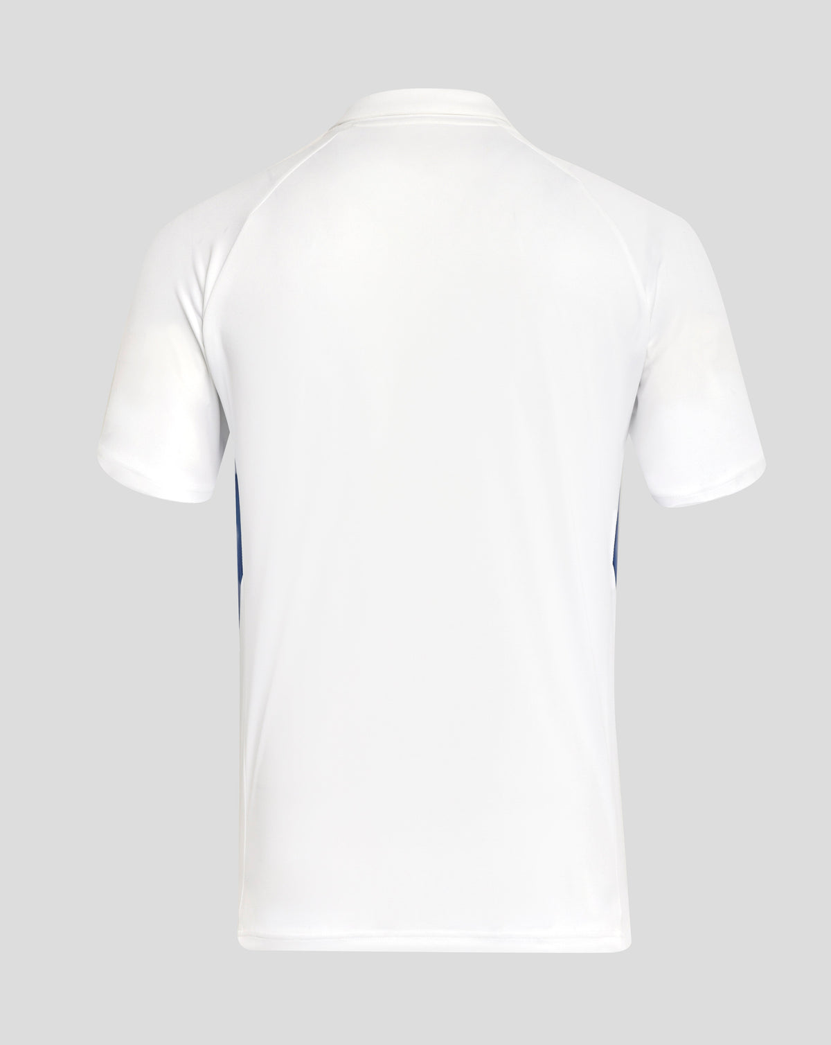 Back view of white Rangers polo showing a clean back and folded collar.