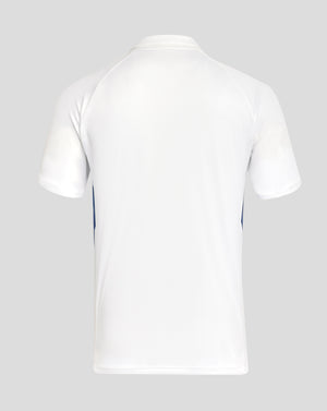 Back view of white Rangers polo showing a clean back and folded collar.