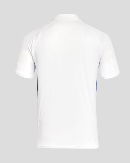 Back view of white Rangers polo showing a clean back and folded collar.