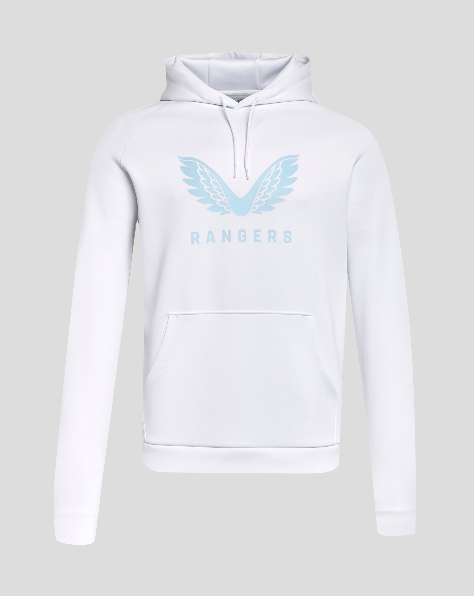 Front view of Rangers 24/25 Pro Players Scuba Lock Up Logo hoodie in white with pale blue wing logo on the chest