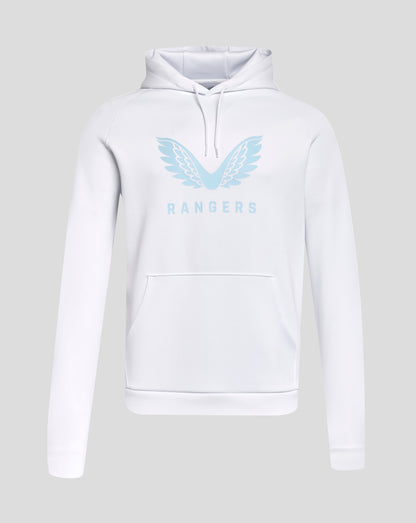 Front view of Rangers 24/25 Pro Players Scuba Lock Up Logo hoodie in white with pale blue wing logo on the chest