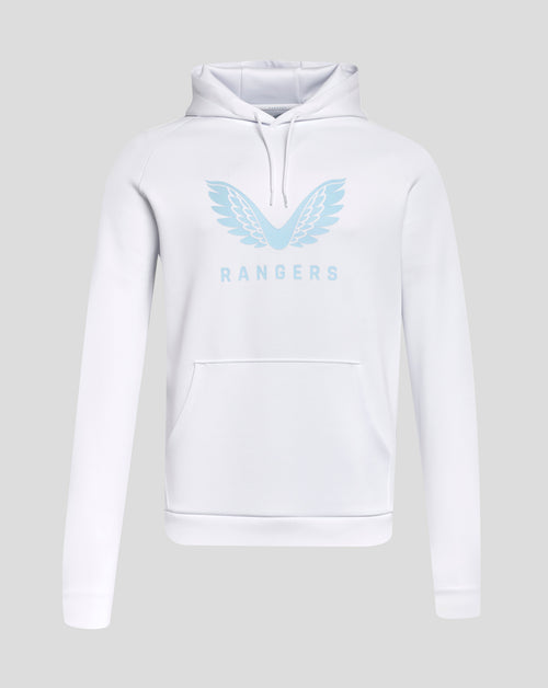 Front view of Rangers 24/25 Pro Players Scuba Lock Up Logo hoodie in white with pale blue wing logo on the chest
