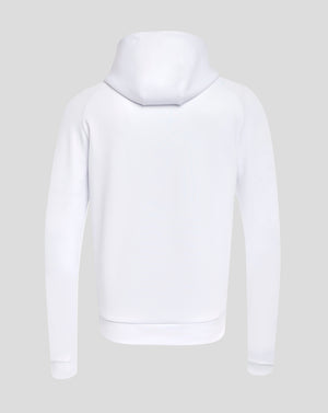 Back view of Rangers 24/25 Pro Players Scuba Lock Up Logo hoodie in white with the hood up