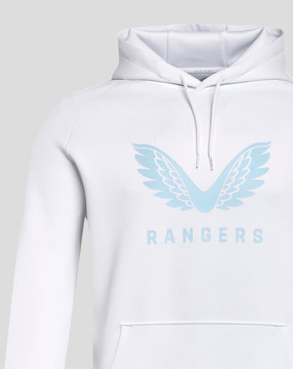 White Rangers hoodie with light blue wing emblem on the chest and a drawstring hood
