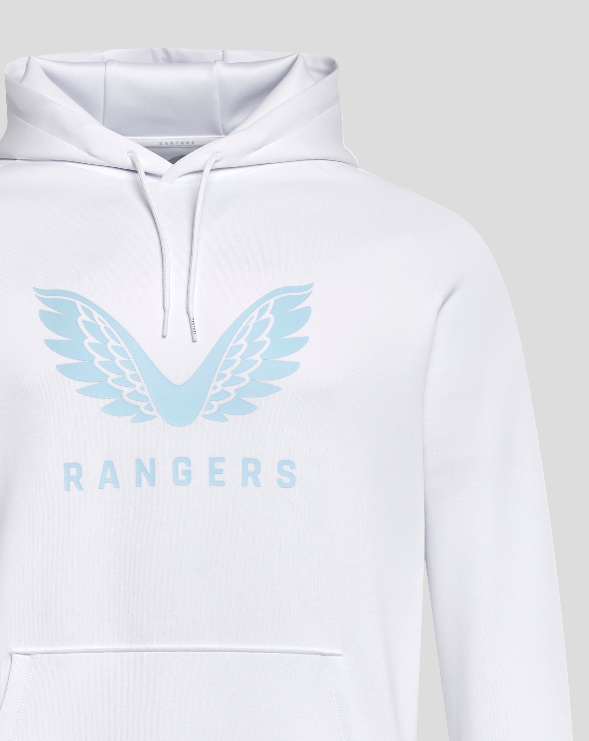 Close up of the white Rangers hoodie chest showing pale blue wing logo and RANGERS lettering