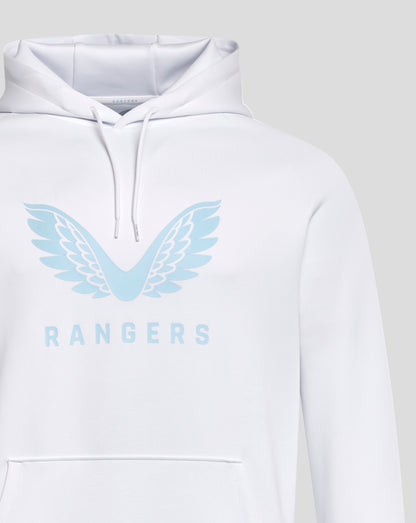 Close up of the white Rangers hoodie chest showing pale blue wing logo and RANGERS lettering