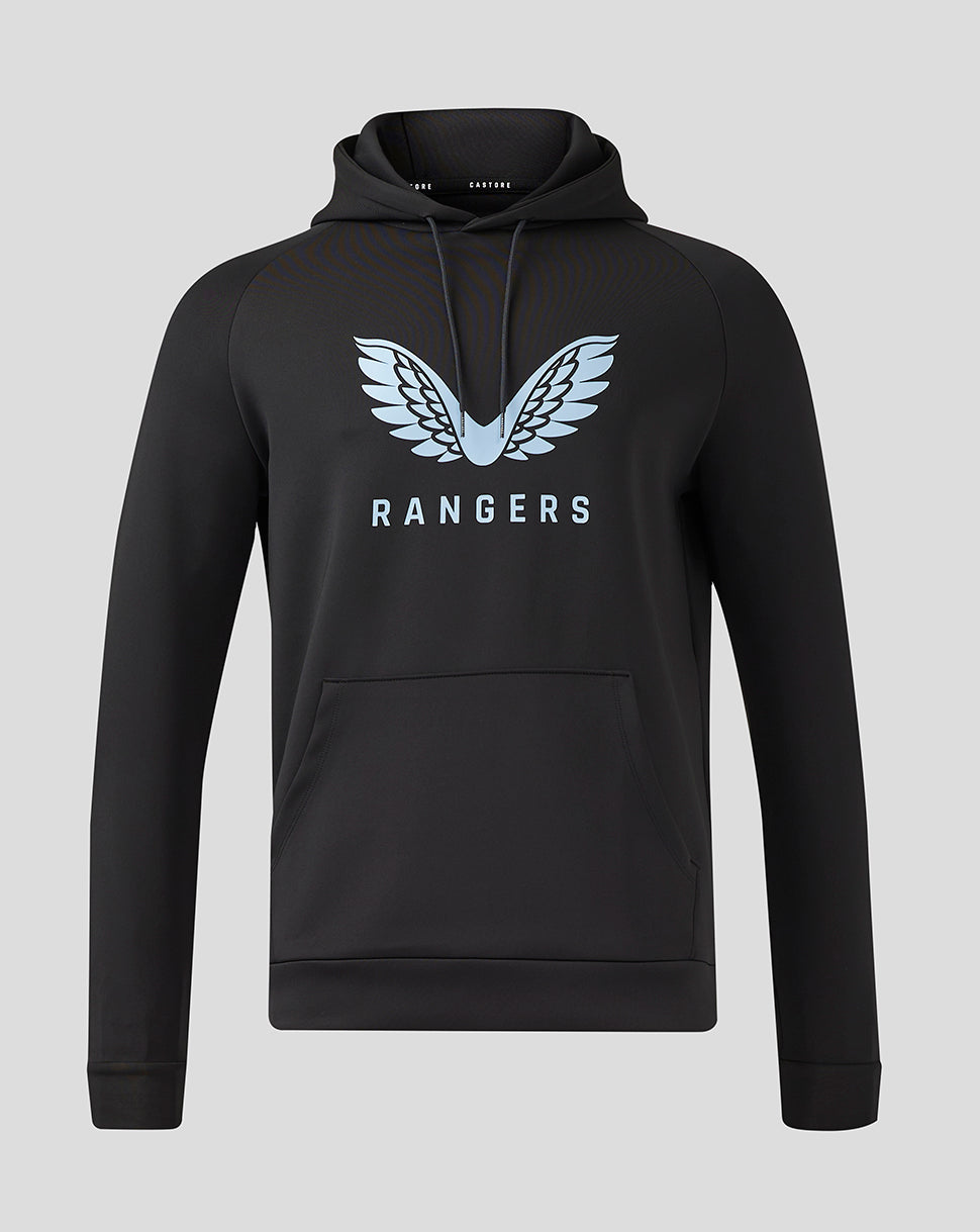 Rangers black hoodie with light blue wing logo and RANGERS lettering on the chest with a front kangaroo pocket