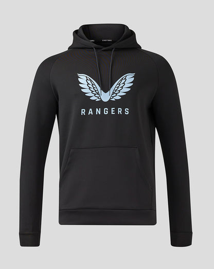 Rangers black hoodie with light blue wing logo and RANGERS lettering on the chest with a front kangaroo pocket