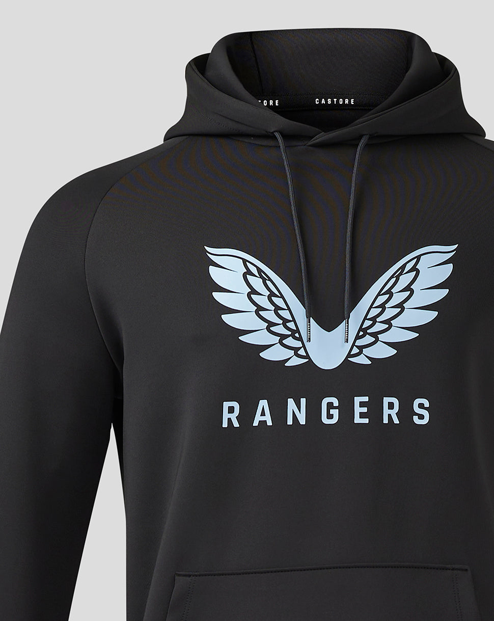 Close up of Rangers hoodie chest showing the light blue wing emblem and drawstring hood